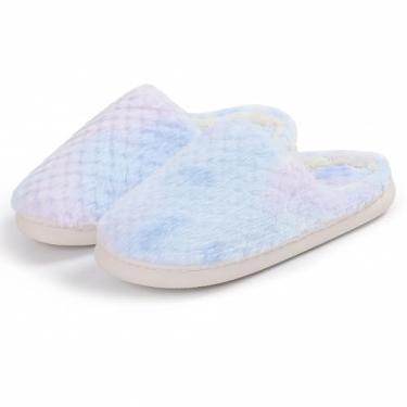 Imagem de Pantufas femininas Tie-dye fofas quentes de inverno antiderrapantes espessas para casa, Azul (cada par é único), 6-7