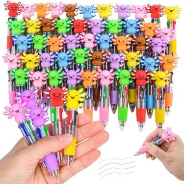 Imagem de LiYiQ 50 canetas multicoloridas para lembrancinhas de festa Axolotl em um desenho animado fofas divertidas 4 em 1 canetas esferográficas Kawaii Axolotl a granel para presentes divertidos