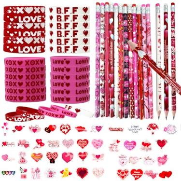 Imagem de Conjunto de 110 peças de papelaria para o Dia dos Namorados, lápis de padrão de coração com borrachas, pulseiras de silicone e adesivos à prova d'água, presentes de escritório ou feriado (conjunto de