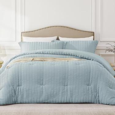 Imagem de Quataly Conjunto de edredom queen grande, azul neblina, comprimento extra adequado para colchões grossos, 3 peças, edredom de cama Seersucker para todas as estações, tamanho queen grande (248 cm x 2