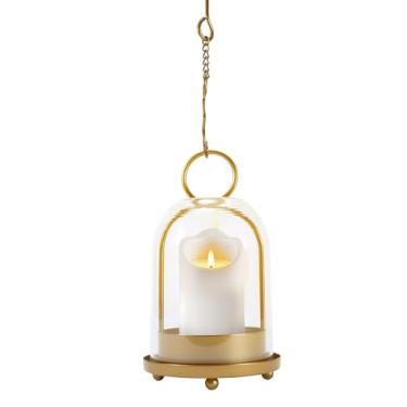 Imagem de Suporte de vela de vidro Hurricane, lanternas de latão médio, suporte de castiçal de furacão para velas vintage, decoração de casa de fazenda rústica de metal dourado com correntes de gancho