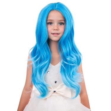 Imagem de PATTNIUM Peruca azul para crianças, longa, encaracolada, ondulada, azul, parte do meio, para meninas, resistente ao calor, peruca de cabelo sintético com touca de perucas
