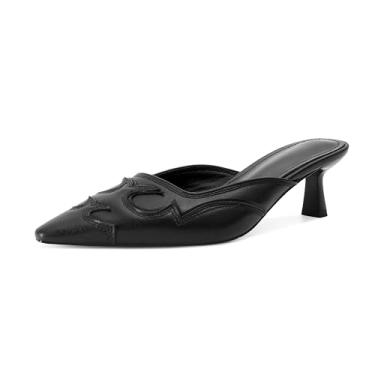Imagem de SOVANYOU Salto gatinho feminino bico fino salto alto bico fino costura design chama salto alto confortável mules para casual, Couro preto, 37