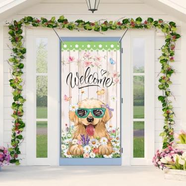 Imagem de SENSEVEN Golden Retriever Faixa de porta de primavera, flores de primavera, borboletas, cobertura de porta de cachorro, cachorrinho fofo primavera boas-vindas varanda sinal decoração de porta banner