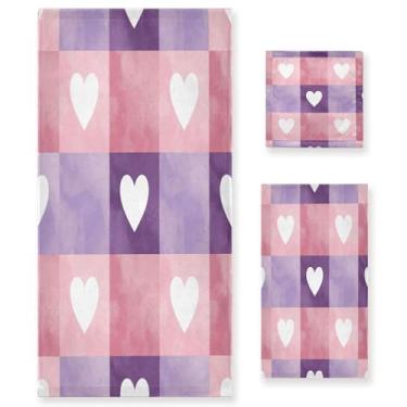 Imagem de Wassud Conjunto de 3 toalhas de banho para dia dos namorados Lavender Hearts, toalhas super macias e absorventes para banheiro, toalhas de banho de secagem rápida, toalha de banho para academia, spa