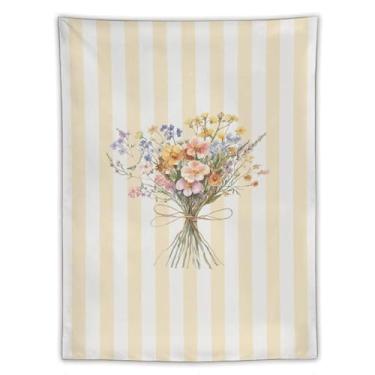 Imagem de Tapeçaria de parede boho buquê de flores silvestres vintage bege listrado decoração botânica cottagecore casa de fazenda tecido estético para pendurar para quarto, dormitório, espaço de estar
