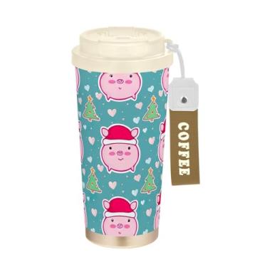 Imagem de TSENQUE Copo de café de 473 ml com tampa de canudo e filp, copos de parede dupla isolados a vácuo com revestimento cerâmico, estampa fofa de porco rosa de Natal