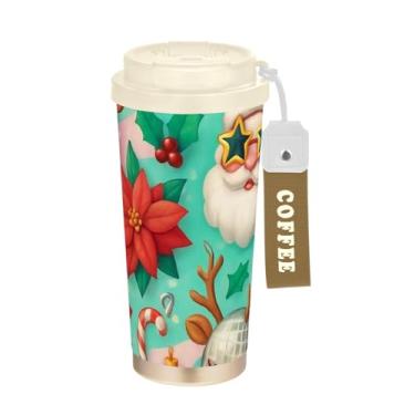 Imagem de TSENQUE Copo de café de viagem de 473 ml com revestimento cerâmico, copo de café de viagem de aço inoxidável com canudo e tampa de enchimento, copo isolado a vácuo, bola vermelha de Natal peculiar