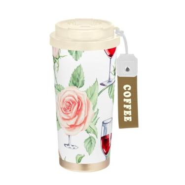 Imagem de TSENQUE Caneca de café de viagem 16+ Oz, copo de café com revestimento cerâmico com canudo e tampa, copo isolado a vácuo de aço inoxidável, taças de vinho de rosas em aquarela brancas