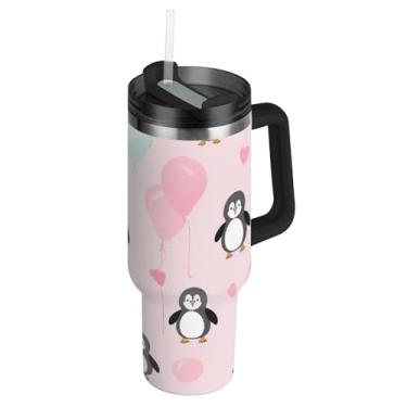 Imagem de Joisal Copo com alça de aço inoxidável de 850 g com tampas e canudo garrafas de água femininas com isolamento térmico para balões de pinguins fofos quentes e frios, rosa