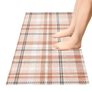 Imagem de TSENQUE Tapete de banheiro xadrez bege caramelo, tapete de cozinha, antiderrapante, tapete de banheiro absorvente para decoração de quarto de casa, 99 x 50 cm