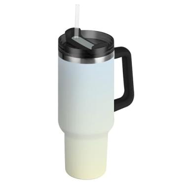 Imagem de Copos de aço inoxidável com tampa e canudo elegante azul limão chiffon gradiente carros caneca de café bebida quente copo térmico 1,134 g com alça garrafas de água isoladas
