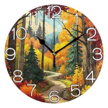 Imagem de GAIGEO Relógio de parede analógico decorativo operado por bateria relógio de cozinha fofo, sala de estar decoração de parede moderna aquarela árvore de outono amarelo, 25 cm, ponteiros pretos