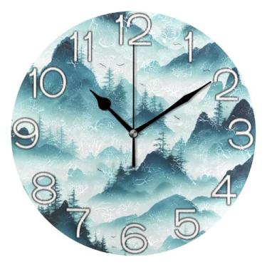 Imagem de GAIGEO Relógio de parede analógico de montanhas em aquarela azul verde decorativo relógio de cozinha bonito e divertido alimentado por bateria, arte de parede moderna e legal, decoração de casa, 25 cm