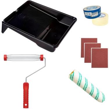 Imagem de Rolo 23cm Poliamida + Suporte Rolo 23cm + Bandeja Para Pintura 2,7L + 3 Lixas 120 + 3 Lixas 100 + Fita Crepe 48mmX50m