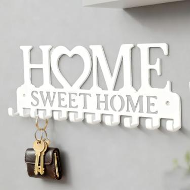 Imagem de Porta-chaves montado na parede com 10 ganchos - Rack organizador de metal sólido para chaves, casacos e carteiras, decoração de parede "Sweet Home" para corredor, mudroom, escritório (branco)
