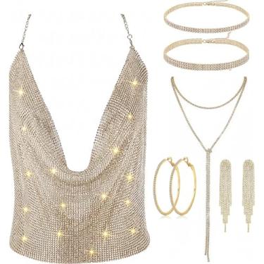 Imagem de Chicingyou Conjunto de joias com 6 peças de strass para mulheres, decote V profundo cintilante, regatas, gargantilhas, colar, brinco de cristal, one size, Liga de aço, Sem Pedra Preciosa