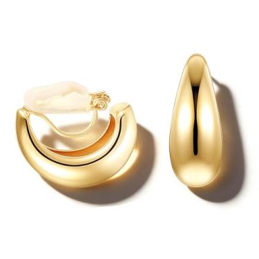 Imagem de Brincos de pressão de ouro para mulheres, brincos modernos não perfurados dourados grossos pequenos argolas para presente de joias femininas