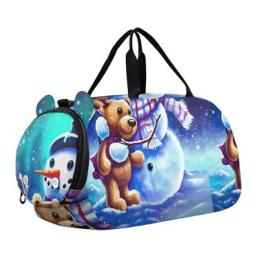 Imagem de Sacola de viagem com ursinho de pelúcia abraçando boneco de neve, bolsa de viagem infantil, bolsa esportiva para meninos, Urso de pelúcia abraçando boneco de neve, Clássico
