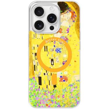 Imagem de Berkin Arts Capa transparente transparente compatível com iPhone 16 Pro [compatível com Magsafe], amarelo leve (beijo de Gustav Klimt)