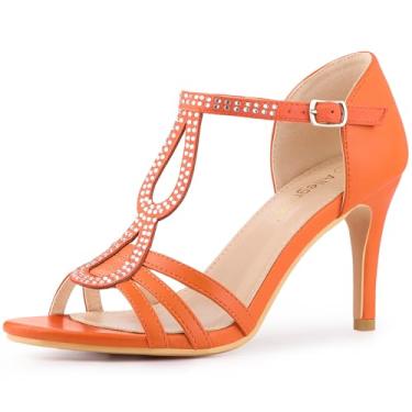 Imagem de Allegra K Sandálias femininas de salto agulha com tiras de strass e bico aberto, Laranja, 36