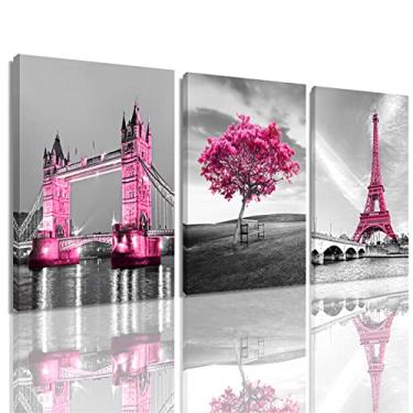 Imagem de Decoração de tela rosa impressão arte preta arte de parede flor amarela para decoração de casa presente de dia dos namorados floral romântico moderno para pendurar no quarto 3 painéis emoldurados