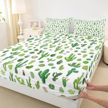 Imagem de Jogo de lençol solteiro com cacto verde, planta suculenta, 2 peças, para decoração de quarto de crianças, meninas, meninos, mulheres, tropical, botânico, oeste, boêmio, lençol com elástico alto, 1