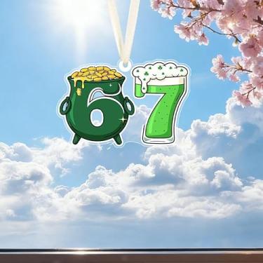 Imagem de Enfeite de acrílico para pendurar com tema do dia de São Patrício de 170 cm, design de caneca de cerveja verde trevo da sorte, adequado para escola, chaveiro, parede de quarto, decoração interna de