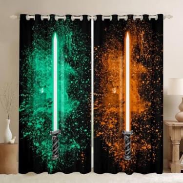 Imagem de Feelyou Cortinas de sabre de luz 96 cm L x 114 cm C para crianças, meninos, adolescentes, azul-petróleo, laranja, 2 painéis, decoração de quarto, decoração de quarto