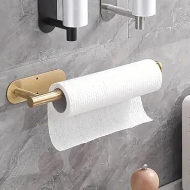 Imagem de 1 pacote com suporte de toalha de papel higiênico embaixo do armário, disponível em adesivo e parafuso, suporte de toalha de papel de aço inoxidável, dourado