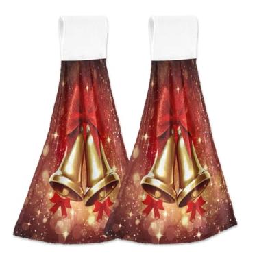 Imagem de Blueangle 2 peças de toalhas de gravata penduradas com sinos de Natal toalha de mão de cozinha absorvente de veludo coral macio pano de pano para cozinha e banheiro (298)