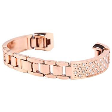 Imagem de SIWOTED Pulseira de aço inoxidável feminina embutida com strass pulseira decoração de pulso para Fitbit (Ouro Rosa)