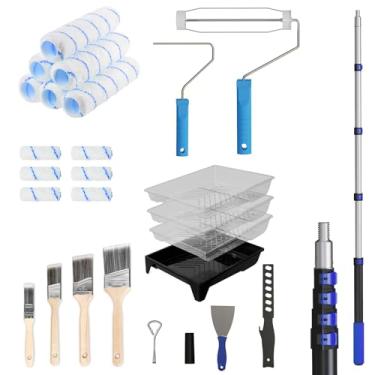Imagem de SKGPOLE Kit de rolo de pintura com haste de extensão telescópica de 1,4 m, kit de pincéis de pintura de 27 peças, rolo de pintura de 10 cm e 23 cm, bandejas de tinta, moldura de rolo de tinta