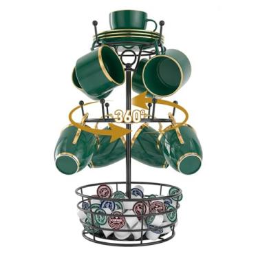 Imagem de ASTLIHO Suporte de caneca de árvore, suporte de copo de café para bancada, suporte de caneca de café giratório de 360° com 10 ganchos, organizador de estação de bar de 3 níveis, decoração de balcão de