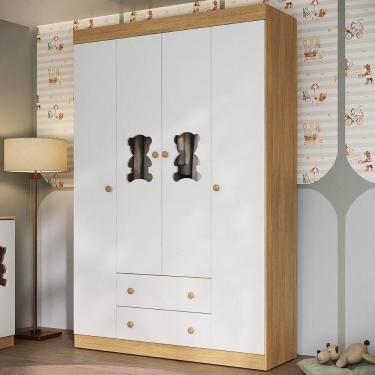 Imagem de Guarda-roupa Infantil 122cm Com Vidro 4 Portas E 2 Gavetas Teddy Multimóveis Mp4488 Madeirado/branco Madeirado/branco
