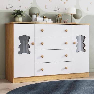 Imagem de Cômoda Infantil 125cm 2 Portas Com Vidro E 4 Gavetas Teddy Multimóveis Mp4490 Madeirado/branco Madeirado/branco