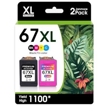 Imagem de JANMORE Cartucho de tinta de impressora 67XL de alto rendimento de substituição para HP Ink 67 XL hp67 Cartuchos de tinta preta/pacote combo colorido para HP DeskJet 2800e 2700e 2734e 2755e 1255 Plus