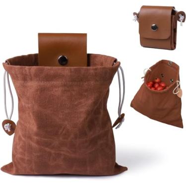 Imagem de Saco de forrageamento, sacos de frutas para colheita ao ar livre, bolsa de forragem de lona encerada, bolsa de couro dobrável com cordão para colheita multiuso para acampamento, viagem, caminhada