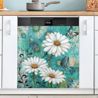 Imagem de Flores borboletas azul-petróleo padrão máquina de lavar louça capa ímã cozinha primavera decorativo reutilizável capa decalque para armários painel eletrodomésticos 58 x 66 centímetros