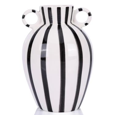 Imagem de Vaso de cerâmica listrado com alças (preto e branco)