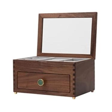 Imagem de Caixa de joias de madeira com tampa superior de vidro transparente, brincos, colares, relógios e gavetas, caixas de armazenamento organizador de joias (A 24,7 x 17,7 x 12,7 cm)