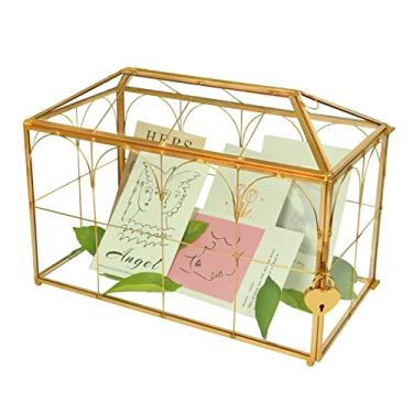 Imagem de Caixa de cartão de vidro dourada de casamento com trava e ranhura - Porta-cartões de envelope de casamento para recepção, terrário de vidro decorativo dourado feito à mão, caixa de cartão de presente