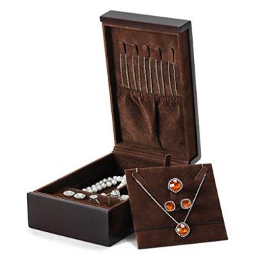 Imagem de Caixa de joias de madeira maciça, conjunto de joias marrom, colar, brinco, pulseira, conjunto de armazenamento de joias de presente para aniversário, casamento, organizador de joias