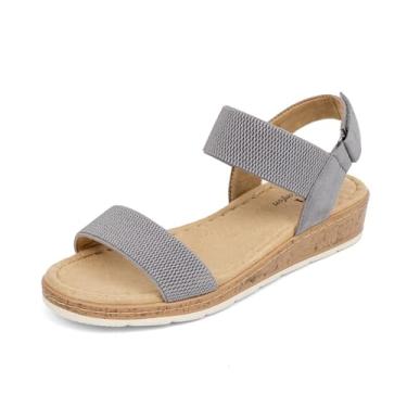 Imagem de VJH confort Sandálias rasas femininas de bico aberto com tira elástica no tornozelo, sandália de salto baixo confortável, Cinza, 42