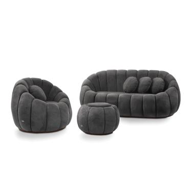 Imagem de Sofá 2 Lugares com Puff e Poltrona Giratória Orgânica Cloud Bouclê Cinza Escuro E03 - D'Rossi