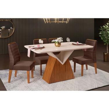 Imagem de Conjunto: Mesa de Cozinha Argo c/ Tampo Madeirado c/ Vidro Curvo 136x90cm e 4 Cadeiras Ondina Freijo/Off White - Suede Moca - DJ Móveis