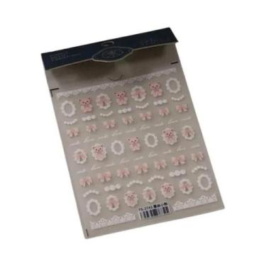 Imagem de Adesivos De Unha 5D Retrô Preto E Branco Com Laço De Renda E Urso Fofo