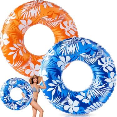 Imagem de Silipull 2 peças de boia inflável grande para adultos, 120 cm, Havaí, com estampa de um lado, tubo inflável de piscina, anel de natação para adultos praia de verão (Havaí, laranja, azul)