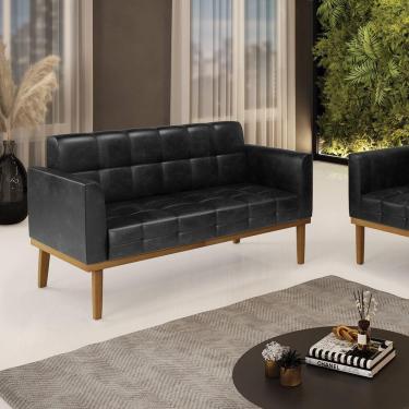 Imagem de Poltrona Namoradeira Decorativa Pés Fixo Em Madeira Castanho Pu Preto Brilho