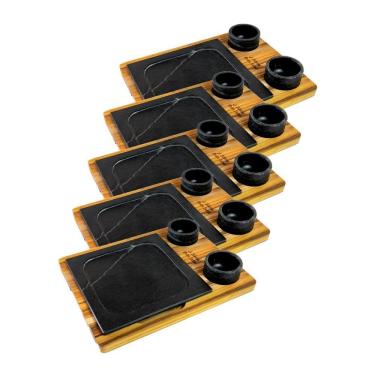 Imagem de Kit 5 Prato Com 10 Molheiras Pedra Sabão E Suporte G 25X25Cm.